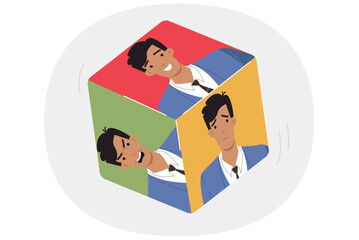 Emotional man on different dice dice, for concept of chaotic emotions and bipolar disorder in behavior. Good and evil businessman treats colleagues and partners differently due to changes in emotions