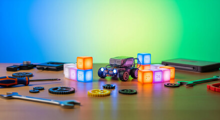Robotics engineering workspace with colorful blocks and tools on a desk
