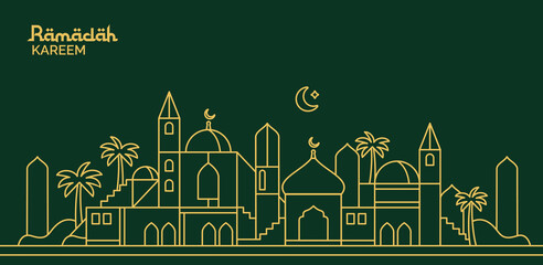 Monoline style Ramadan Kareem mosque landscape illustration, minimalist Arabic Islamic housing, Islamic illustration for poster, wallpaper and greeting card.