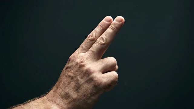 Aged male hand and adult skin showing two raised fingers victory gesture. dramatic lighting