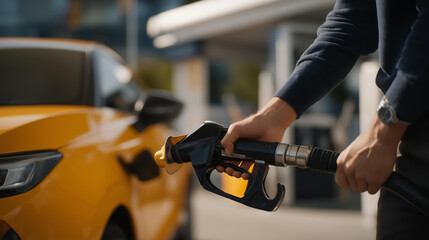 Person refueling a car with a fuel autogas pump gun, controlled action and visible equipment highlighting safety, efficiency, and LPG fuel systems. cinematic color correction, natural uneven