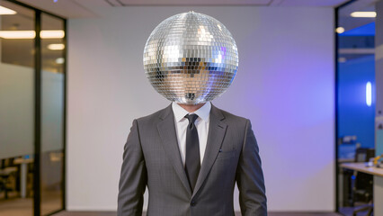 Surreal Businessman with Mirror Disco Ball Head in Modern Office.