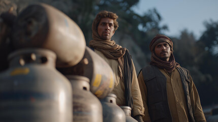 Workers standing beside export grade cylinders stacked for shipment, inspecting valves and markings, highlighting certified quality, safety compliance, and international fuel distribution.