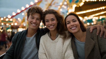 Naklejka premium A family enjoying a fun day at an amusement park, smiles all around as they ride a colorful carousel, with bright lights and joyous laughter creating a lively atmosphere. cinematic color