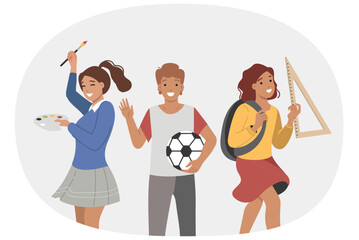 Children with different predispositions choose hobby and life path, between football and geometry or art. Cheerful school-age children showing aptitude or talent for various fields