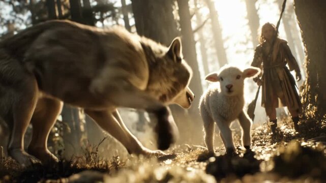 Jesus guides a young shepherd through the forest while a wolf approaches a lamb in a moment of tension