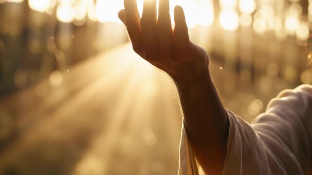 Hand of Jesus reaching out to people in a warm light setting near a forest