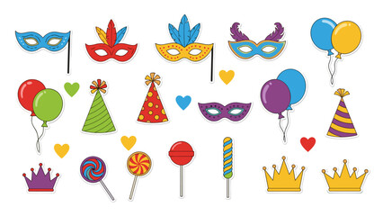 Fototapeta premium Party Time: Whimsical Collection of Balloons Masks Candies and Crowns for Celebration