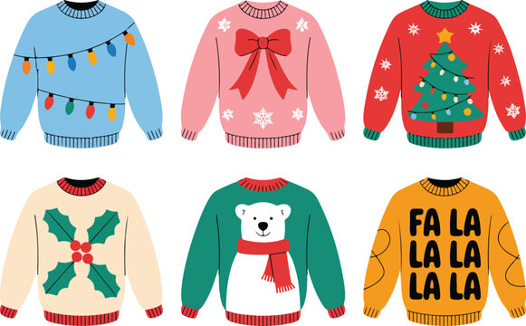 Cute Christmas Sweater Outline Icon Set  Festive Patterns, Winter Clothing, and Holiday Elements