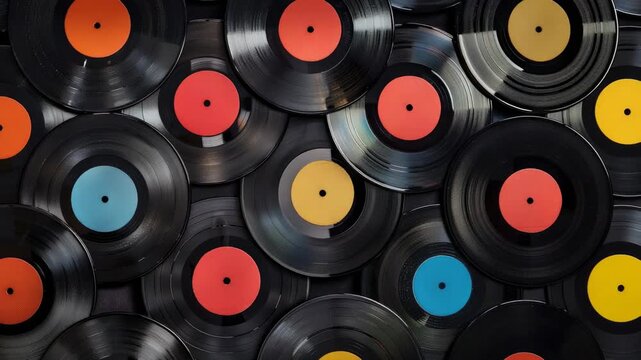 Collection of vinyl records with colorful labels spread out