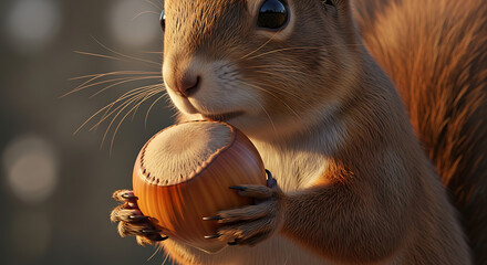 Extreme close-up of a cute red squirrel clutching a giant hazelnut outdoors.