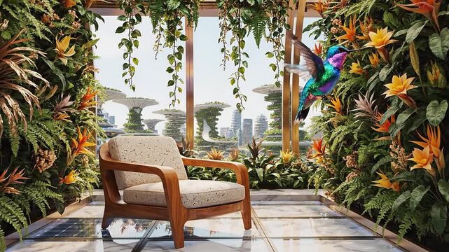 Sustainable Luxury Interior Lounge Futuristic City View Biophilic Design Vertical Gardens Wooden Armchair Solar Panel Floor Green Technology Architecture
