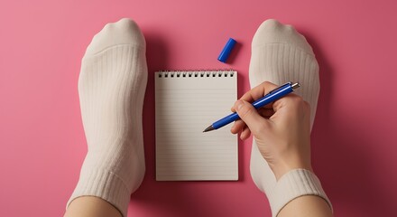 person wearing socks writing on notepad with blue pen