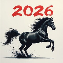 Black Ink Horse with Red Calligraphy 2026 Illustration