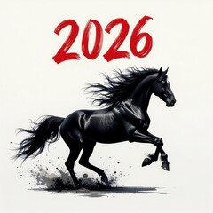 Black Ink Horse with Red Calligraphy 2026 Illustration