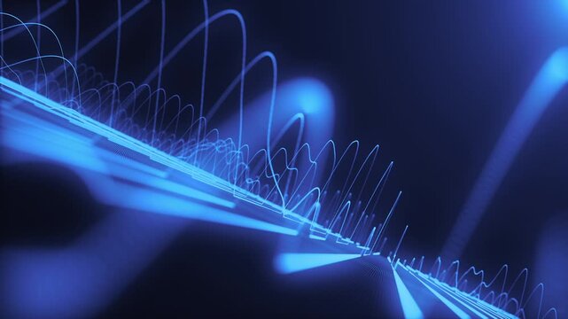 Dynamic motion background with blue neon sine waves gently oscillating up and down across the frame. This audio equalizer concept background animation is full HD and a seamless loop.