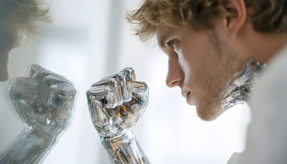Young man observes cyborg reflection in mirror as it clenches fist. Exploring human identity and technological integration. Panning camera movement.