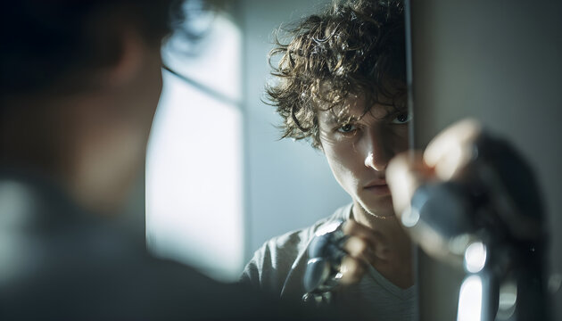 Young man observes cyborg reflection in mirror as it clenches fist. Exploring human identity and technological integration. Panning camera movement.