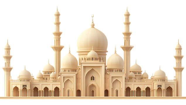 Beige mosque model with domes and minarets on white background isolated on a transparent background