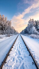 Snowy railway tracks stretch toward a horizon under a soft sky, flanked by frosty trees