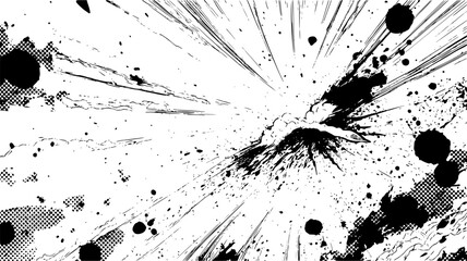 Comic explosion with halftone and speed lines. Explosive black ink splatter comic blast background with dynamic radial speed lines