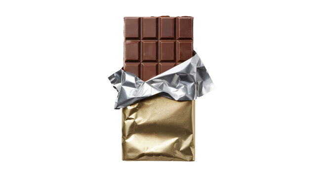 Chocolate Bar Unwrapped in Gold Foil with Silver Wrapper Partially Torn in Studio Lighting for Confectionery Advertising