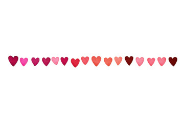 Fototapeta premium Row of tiny heart icons with a pink to red gradient, evenly spaced decorative set with smooth shapes and clean vector style edges, isolated on transparent background. 