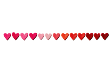 Row of tiny heart icons with a pink to red gradient, evenly spaced decorative set with smooth shapes and clean vector style edges, isolated on transparent background.
