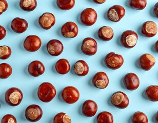 Pattern of shiny, brown conkers is arranged on a light blue background, viewed from directly overhead