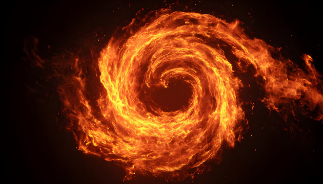 Real fire swirl on black background. Dynamic fire tornado effect. Fiery spiral animation. Abstract and destructive nature power footage for special effects videos.