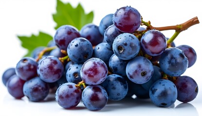 Obraz premium Fresh Ripe Purple Grapes with Water Droplets Macro Close Up on White Background