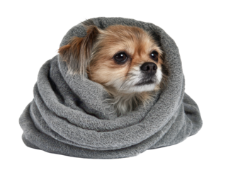 Small dog wrapped snugly in a gray blanket like a burrito, soft fabric folds and cute relaxed expression with visible nose and paws, isolated on transparent background.
