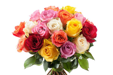 Fototapeta premium Bouquet of mixed multicolor roses with layered petals and fresh green stems, lush floral arrangement with visible leaves and natural bloom textures, isolated on transparent background. 