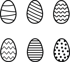 Six black and white outline Easter eggs with various geometric patterns, perfect for coloring pages, holiday greeting cards, or spring decoration designs.
