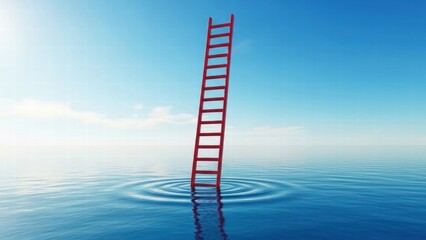 Surreal 3D render of a red ladder rising into the clear blue sky from a calm ocean, concept of success, career growth, hope and new opportunities.
