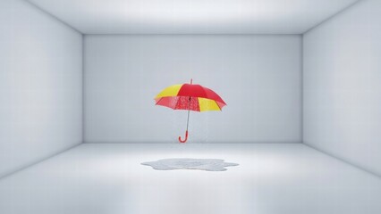 Surreal minimalist 3D render of a red and yellow umbrella levitating in the center of an empty white room over a water puddle, concept of loneliness and imagination.