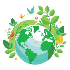 the Earth surrounded by green leaves, flowers, and birds, symbolizing nature