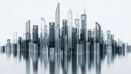 Abstract 3D render of a futuristic city skyline with transparent glass skyscrapers reflecting on a mirror surface, technology and business concept.