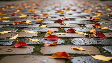 Fallen colorful autumn leaves on wet cobblestone city pavement after rain, low angle view, concept of autumn season and urban landscape.