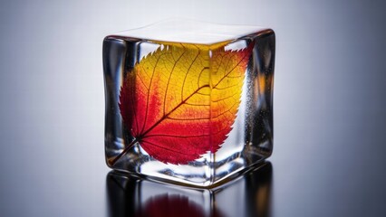 Autumn leaf frozen inside glass cube on dark background