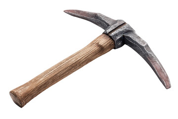 Double headed pickaxe tool with heavy metal head and sturdy wooden handle, worn steel texture and natural wood grain with secure joint detail, isolated on transparent background.
