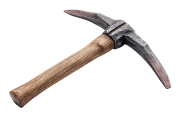 Double headed pickaxe tool with heavy metal head and sturdy wooden handle, worn steel texture and natural wood grain with secure joint detail, isolated on transparent background.
