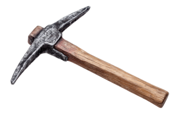 Double headed pickaxe tool with heavy metal head and sturdy wooden handle, worn steel texture and natural wood grain with secure joint detail, isolated on transparent background.
