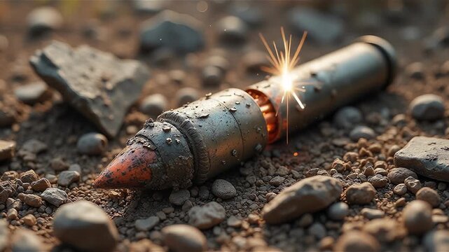 Shrapnel and casing of exploded projectile lying on battlefield earth
