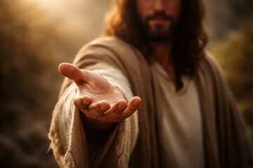 Jesus Christ extending hand in blessing, symbolizing divine grace, salvation, faith, hope, and spiritual guidance with warm golden light in background
