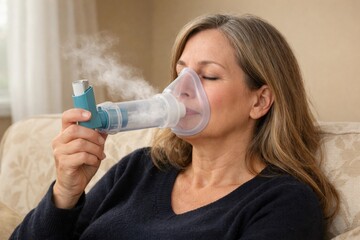 Mature female using nebulizer inhaler for respiratory therapy at home, medical breathing treatment with mask and vapor