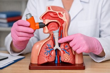 Doctor demonstrating inhaler use on anatomical model of human respiratory system, illustrating asthma treatment, lung health, and medical education for breathing disorders