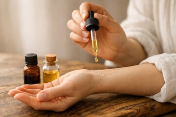Female adult applying oil from dropper onto hand, wellness routine with essential oils and natural remedies for self-care and skin health