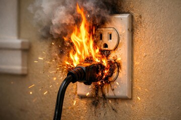 Electrical fire from overloaded outlet with sparking plug, illustrating home hazard, electrical safety, fire risk, and danger of faulty wiring or overuse