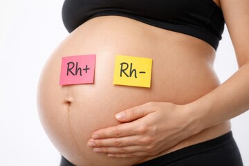 Pregnant woman&rsquo;s belly with Rh+ and Rh- sticky notes, illustrating blood type compatibility, prenatal care, and Rhesus factor testing during pregnancy